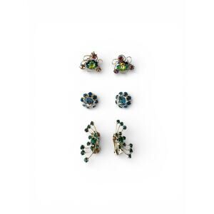 Three Pairs Of Vintage Clip On Screw On Earrings Rhinestones Costume Jewelry
